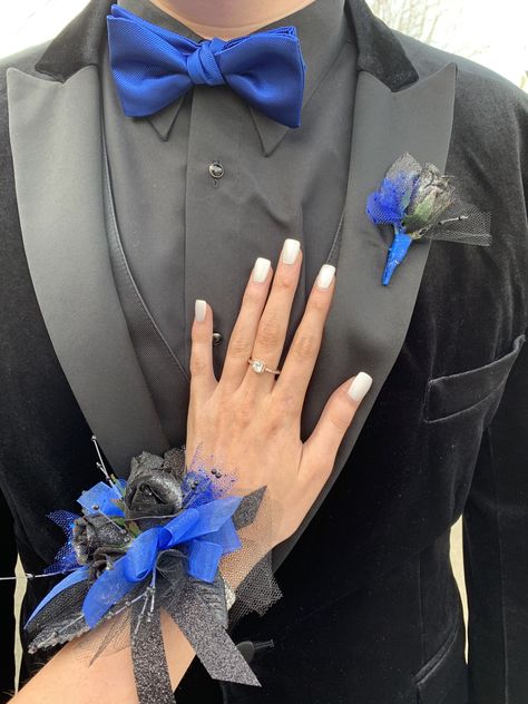 Heels With Blue Prom Dress, Butiner Prom Blue, Cobalt Blue Prom Couple, Chambalans Outfits Quince Royal Blue, Blue And Black Corsage Prom, Royal Blue Tux Prom, White And Blue Chambelanes Outfits, Main Chambelan Outfits Royal Blue, Tux With Royal Blue Dress