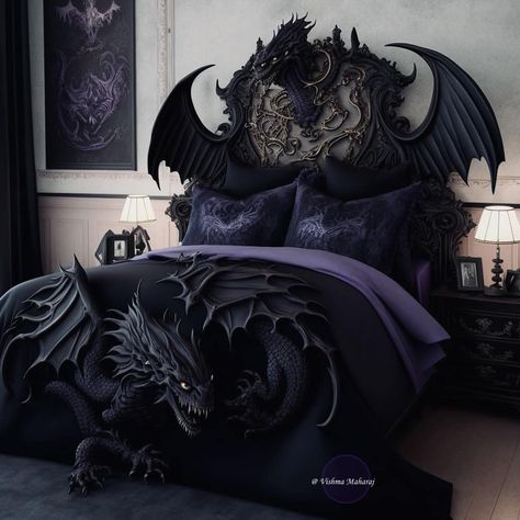 Gothic Dragon Bed by Vishma Maharaj Dragon Bed Frame, Dragon Bedroom Ideas, Dragon Bedroom, Victorian Gothic Home Decor, Aesthetic Dragon, Gothic Homes, Dragon Bedding, Gothic Decor Bedroom, Gothic Dragon