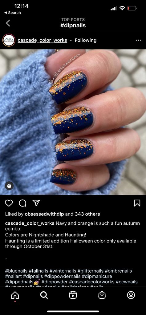 Thanksgiving Nails Fall Square, Fall Cruise Nails 2022, Glittery Fall Nail Ideas, Powder Dipped Nails Halloween, Blue Fall Gel Nails, Fall Nails Dipping Powder, Dip Powder Halloween Nails Ideas, Navy Blue Fall Nails Acrylic, Cute Dip Powder Nails Fall