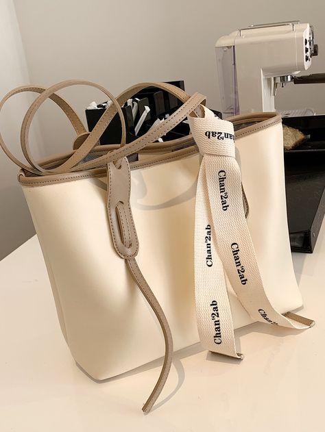 Beige Fashionable   PU Leather Letter Shoulder Tote Bag Embellished   Women Bags Beige Bags, Knot Decor, Side Purses, Trending Handbags, Stylish School Bags, Hand Bags For Women, Trendy Purses, Purse Essentials, Cheap Purses