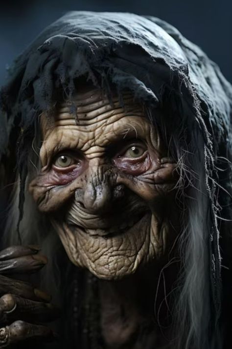 Hags: These are wizened old women who creep through folklore and nightmares. Often bent and grotesque, they might possess magical abilities or simply a dark cunning. Hags can be stealers of youth and beauty, like Baba Yaga from Slavic tales. They might be servants of evil or even twisted reflections of the potential dangers of aging and societal outcasts. Beware the gingerbread house and the seemingly helpful old crone – a hag's motives are rarely pure. Creepy Old Photos, Listening Device, Baba Jaga, Arte Alien, Old Faces, Fairytale Photography, Creepy Pictures, Baba Yaga, Fantasias Halloween