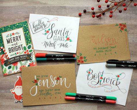 Holiday Christmas Envelope Art tutorial with Chasity Sivanick www.kellycreates.ca Hand Lettering Envelopes Christmas, Winter Envelope Art, Decorate Envelope Ideas Christmas, Holiday Card Envelope Addressing, Hand Addressed Christmas Envelopes, Christmas Snail Mail Ideas, Christmas Card Lettering Envelope, Christmas Envelope Art Diy, Holiday Envelope Art