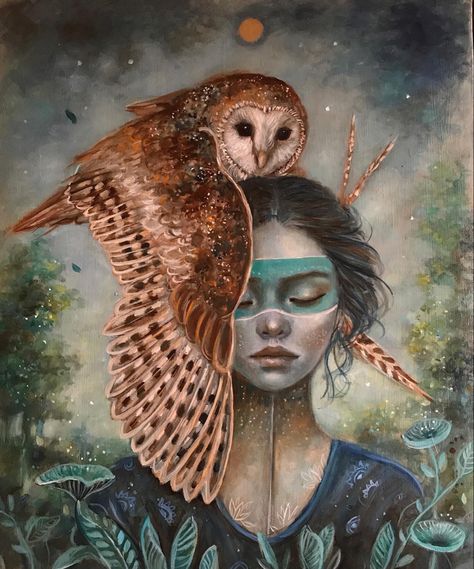 Ingrid Tusell Owl Woman, Art Visionnaire, Store Inspiration, Dragon Cake, L'art Du Portrait, Power Animal, Painting People, Goddess Art, Mystical Art