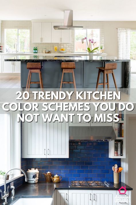 Adding a pop of color to a your kitchen is easy with tile, islands, or even your decor choice! Kitchen Pop Of Color, Kitchen Color Schemes, Attic Kitchen, Best Kitchen Colors, Trendy Kitchen Colors, White Marble Kitchen, Grey Kitchen Island, Kitchens Ideas, Best Color Schemes