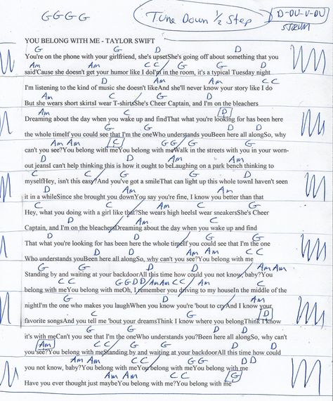 You Belong With Me (Taylor Swift) Guitar Chord Chart - Tune down 1/2 step You Belong With Me Ukulele Chords, Prom Queen Guitar Chords, Idk You Yet Guitar Chords, Taylor Swift Acoustic Guitar, You Belong With Me Guitar Chords, Enchanted Taylor Swift Guitar Chords, Taylor Swift Song Guitar Chords, Cupids Chokehold Guitar Chords, Guitar Tabs Songs Taylor Swift