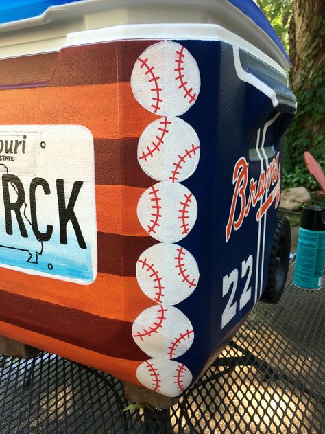 Baseball Frat Cooler, Easy Cooler Painting Ideas, Frat Painted Cooler, Easy Frat Coolers Ideas, Painted Coolers For Guys, Baseball Cooler, Sae Cooler, Formals Cooler, Ato Cooler