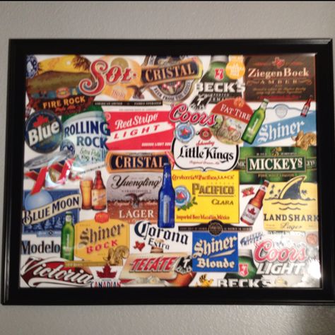 Collection of beer boxes and labels to make a gameroom/home bar collage :) Beer Room, Beer Crafts, Diy Serving Tray, Beer Table, Beer Box, Diy Beer, Game Room Bar, Beer Art, Bottle Cap Crafts