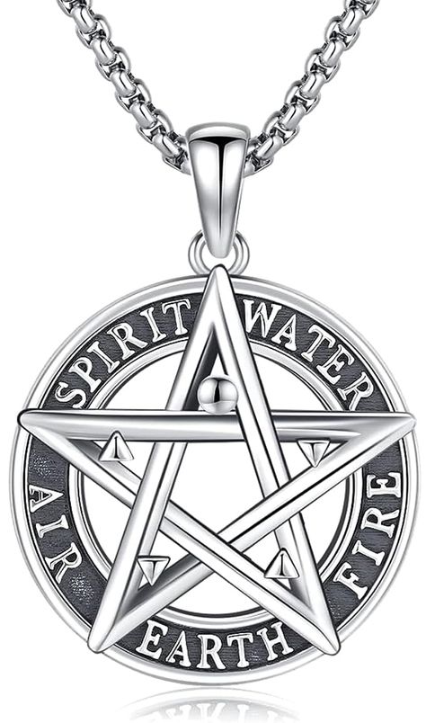 PRICES MAY VARY. ✨ Unique Design: Pentagram represents the five elements of nature, earth, air, fire, water and spirit.And the pentacle necklace can be used as a powerful talisman to point us in the right direction and keep our family healthy, safe and happy and not to lose yourself in difficulties and setbacks. 925 Sterling Silver: The pentagram pendant for men is made of 925 sterling silver, lead-free, nickel-free, cadmium-free, low-allergenic and meets SGS standards. The surface of the pentag Five Elements Of Nature, Witch Knot, Pentacle Jewelry, Pentacle Necklace, Moon Goddess Necklace, Pentagram Necklace, Wiccan Magic, Triple Moon Goddess, Pentagram Pendant