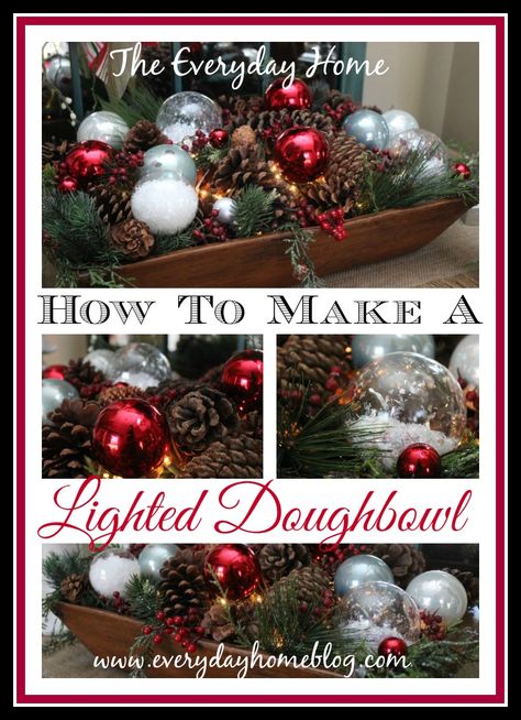 Christmas lighted dough bowl How To Decorate A Dough Bowl For Christmas, Christmas Bowl Fillers Ideas, Winter Dough Bowl Decor, Christmas Bowl Decorations, Bowl Styling, Christmas Bowl Fillers, Outside Diy, Dough Bowl Centerpiece, Lights Outside