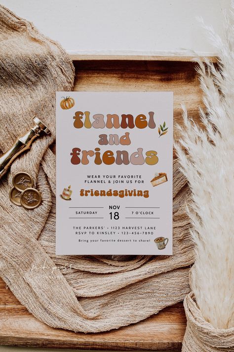 "Flannel & Friends Friendsgiving Invitation Template - With this template, you can edit all background colors, font colors, fonts, font sizes, and text! Note: This is an EDITABLE TEMPLATE. No physical product will be shipped to you. 🧡 MORE THANKSGIVING INVITES: https://etsy.me/474PxtB 🧡 TRY BEFORE YOU BUY: https://www.corjl.com/d/NE79  WHAT YOU WILL RECEIVE  DIY editable invitation template in the following size: * 5x7\"  HOW TO ORDER  ① Purchase your template ② A message from Corjl.com will b Thanksgiving Housewarming Party, Friendsgiving Christmas Party Ideas, Friendsgiving Theme Ideas Party, Friends Giving Party Ideas Decor, Friendsgiving Baby Shower Ideas, Relief Society Friendsgiving, Friends Giving Decoration Ideas, Friendsgiving Birthday Party, Small Friendsgiving Ideas