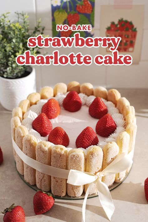 This strawberry charlotte cake is made with layers of soft ladyfingers, strawberry mousse, and fresh strawberries. It's a beautiful no-bake dessert that's easier to make than it looks! #strawberry #charlottecake #nobakedessert | teakandthyme.com Strawberry Charlotte Cake, Ladyfingers Cake, Charlotte Dessert, Strawberry Charlotte, Strawberry Mouse, 90s Playlist, Strawberry Tiramisu, Charlotte Cake, Strawberry Cream Cakes