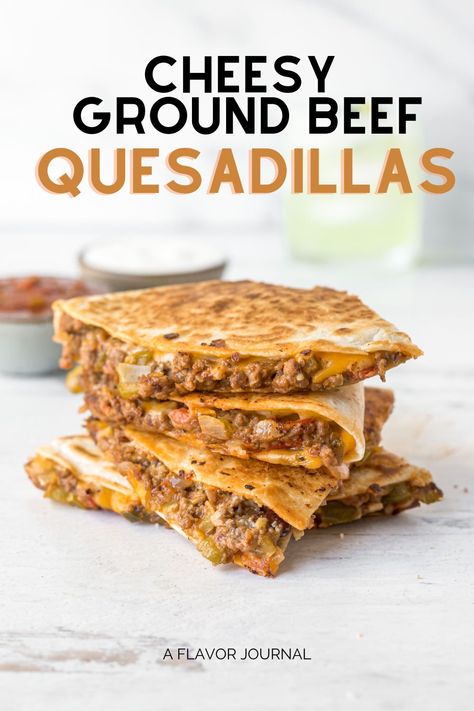 An easy ground beef quesadilla recipe that is packed with cheese and flavor! This is a small batch recipe for two, and it so good for weeknight dinner because it's ready in just 30 minutes! #quesadillas #groundbeefquesdaillas #quesadaillarecipe #easydinner #dinnerfortwo #recipesfortwo #comfortfood #texmexrecipe #groundbeefrecipe via @aflavorjournal Ground Beef Quesadillas, Quesadilla Recipes Easy, Beef Quesadillas, Best Beef Recipes, Quesadilla Recipe, Quick And Easy Appetizers, Quesadilla Recipes, Minced Meat, Beef Recipes For Dinner