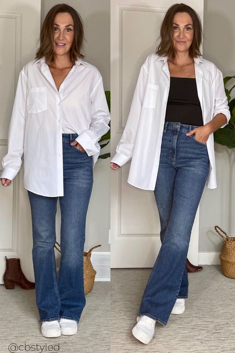 Trendy Button Down Outfits, Flare Jeans And Shirt Outfit, Button Up And Jeans Women, Women’s Jeans And Sneakers, Jeans And A Button Down Women, Outfits With White Button Down, Ways To Style A White Shirt, White Button Up Casual Outfit, Flares With Sneakers