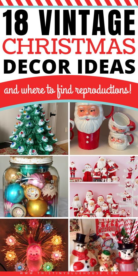 Add a sense of nostalgia  to your holiday decor with these vintage Christmas decor ideas. From adorable Santa mugs to retro bubble lights, these retro Holiday decor ideas are a fun trip down memory lane of Christmases past. #vintagechristmas #vintagechristmasdecoartions #vintagechristmasdecorating #retrochristmas #retrochristmasdecorations #retrochristmasvintage Small Tabletop Christmas Tree, Vintage Christmas Decor Ideas, Tradition Ideas, Holiday Decor Ideas, Chirstmas Decor, Vintage Christmas Lights, Christmas Decs, Retro Christmas Decorations, Vintage Tree Toppers