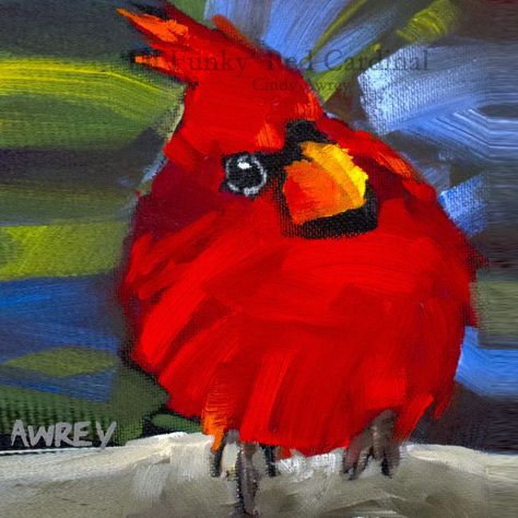 This bright red cardinal is created with large loose brush strokes in a whimsical portrayal and posture. He is highlighted with a green and blue background as he's perched on a sturdy branch.   Lake Effect Gallery has created this giclee reproduction on watercolor paper from the original oil painting. Our customers gro Whimsical Cardinal Art, Red Cardinal Painting, Red Bird Painting, Guided Painting, Bird Rocks, Cardinal Birds Art, Paint Birds, Cardinal Art, Palette Painting