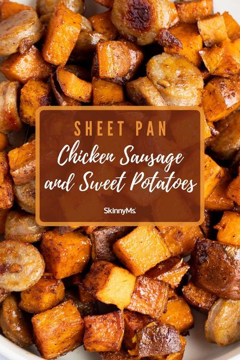 Chicken Sausage Sweet Potato Sheet Pan Bake Sausage Sweet Potato Sheet Pan, Chicken Sausage Sweet Potato, Sausage Sweet Potato Recipes, Sweet Potato Sheet Pan, Potato Sheet Pan, Sausage Sweet Potato, Chicken Sausage Recipes, Ic Recipes, Cubed Sweet Potatoes