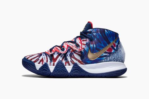 Following the “Black/Atomic Dust” color way release in July, Nike Basketball now returns with a patriotic new colorway for the Kyrie S2 Hybrid. The uppers of the mid-top silhouette are adorned with tie-dye swirls of red, white and blue across its uppers. Gold swooshes are also added to the mix for a sophisticated look with deep navy tones hitting the laces and treaded soles for good measure.  Nike states that the overall design references the 2014 and 2016 USA Olympic team kits alongside subtle Patriotic Punch, Kybrid S2, Tye Dye Print, Kyrie 6, Kyrie 4, Tie Dye Shoes, Kyrie 5, How To Dye Shoes, Nike Shoes Cheap