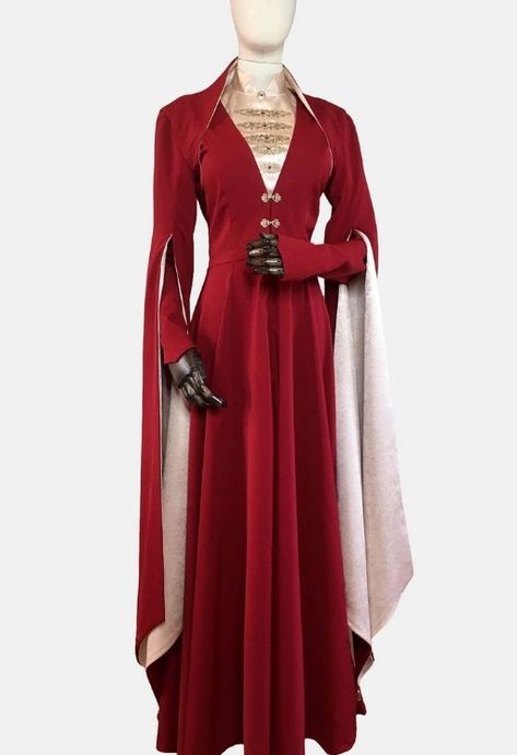 Royal Robes The Queen, Red Fantasy Outfit, Fantasy Robes, Red Fantasy Dress, Hotd Dresses, Red Medieval Dress, Medieval Gown, Fantasy Dresses, Theme Dress