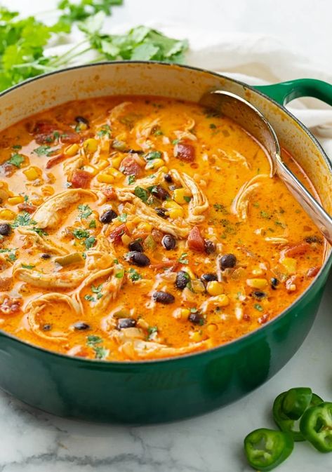 This EASY Chicken Enchilada Soup recipe can be made on the stove top or in the Crock Pot! Use chicken breast, chicken thighs, or leftover chicken along with simple pantry ingredients. Skinnytaste Soup Recipes, Leftover Chicken Fajita Recipes, Shredded Chicken Recipes Stovetop, Soup With Leftover Chicken, Leftover Chicken Breast Recipes, Chicken Enchilada Soup Recipes, Enchilada Soup Recipe, Leftover Chicken Breast, Chicken Tortillas Soups Recipe