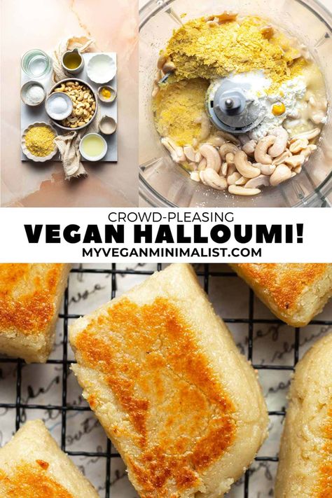 This vegan halloumi cheese is a fun dairy-free alternative based on cashews. Surprisingly easy to make, this vegan cheese is tangy, salty, chewy, and SO versatile! If you're a cheese lover embracing a plant-based diet, this one's for you! After my vegan burrata recipe went viral and became my most popular blog post, I explored vegan cheeses further and created this vegan halloumi alternative. This salty cheese is perfect on everything from a Greek salad to pasta, sandwiches, and even pizza. Vegan Pizza Salad, Plant Based Cheese Recipes, Vegan Cheese Recipe Cashew, Vegan Chopped Cheese, Vegan Mozzarella Balls, Soft Cheese Recipes, Vegan Leek Recipes, Vegan Cottagecore, Vegan Burrata