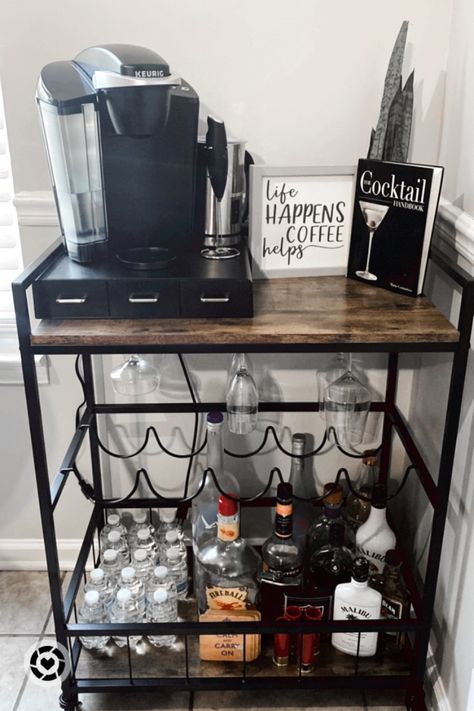 Bar Cart And Coffee Station, Coffee And Wine Bar Cart, Coffee And Alcohol Bar Cart, Coffee And Wine Cart Ideas, Bar Cart Location, Basement Bar Cart Ideas, Bar Cart In Kitchen Ideas, Liquor Coffee Bar, Coffee And Bar Cart Ideas