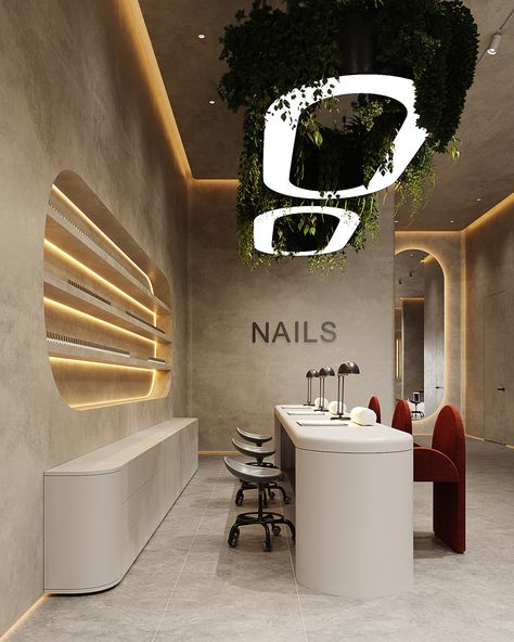 Design interior nails salon :: Behance Nail Space Design, Hair Salon Lobby Waiting Area, Nail Section Salon, Beauty Space Ideas, Interior Design For Salon, Luxurious Salon Interior, Nail Salon Color Scheme, Private Nail Salon, Modern Med Spa Design