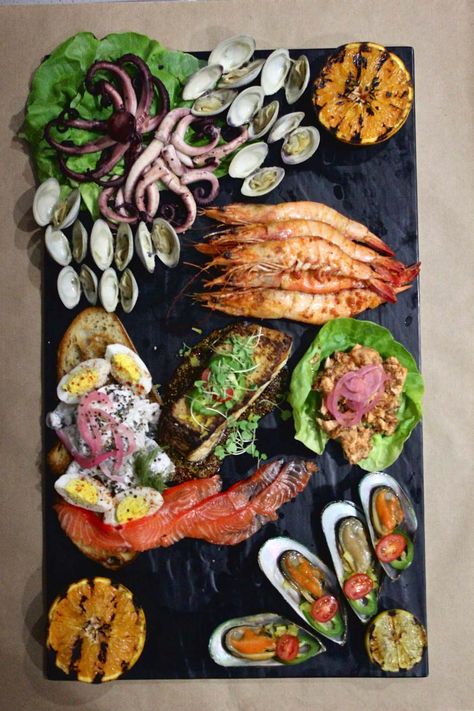 Seafood Charcuterie Board, Seafood Charcuterie, Seaweed Chips, Chili Shrimp, Seafood Shop, Flaked Salmon, Green Lipped Mussel, Seafood Platter, Sustainable Seafood