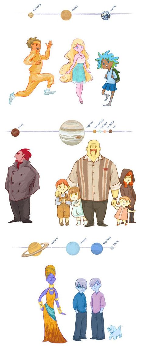 Planets as people (and dog - but dogs are still part of the family! jeez) Earth As A Human Drawing, Food As People, Personification Art, Idee Cosplay, 영감을 주는 캐릭터, Funny People, Pretty Art, Solar System, Cool Drawings