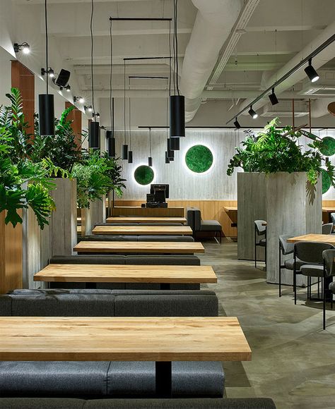 New Interior Concept for the Healthy Food Restaurant by Ponama Architects - InteriorZine Healthy Restaurant Design, Fast Food Restaurant Design, Healthy Food Restaurant, Healthy Cafe, Healthy Restaurant Food, Small Restaurant Design, Greens Restaurant, Lake House Interior, Kids Cafe