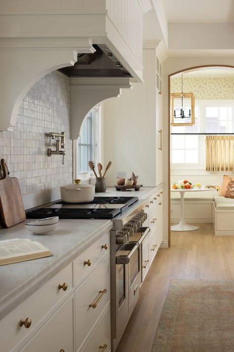 Coronado G - South Harlow Interiors #kitchen #hood #rangehood #kitcheninspo #interiordesign #housebeautiful Farmhouse Kitchen Flooring, Patterned Window Treatments, Trendy Farmhouse Kitchen, Limestone Pavers, Butcher Block Kitchen, Timeless Kitchen, Quartz Kitchen, Oak Panels, Kitchen Hoods