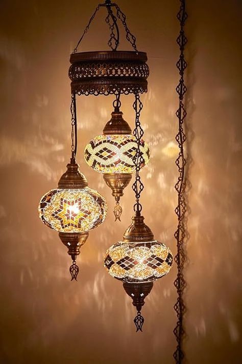 DEMMEX PLUGIN Turkish Moroccan Mosaic Chandelier Light, Ceiling Hanging Lamp Pendant Light Fixture with 15ft 4.5mt Cord Chain and Plug, Handmade, Customizable (3 Big Globes PLUGIN, 37"- 95cm Height) - Amazon.com Morrocan Lamps, Turkish Hanging Lamp, Turkish Lights, Turkish Decor, Turkish Mosaic Lamp, Hanging Ceiling Lamps, Turkish Lamps, Moroccan Lamp, Lamp Pendant