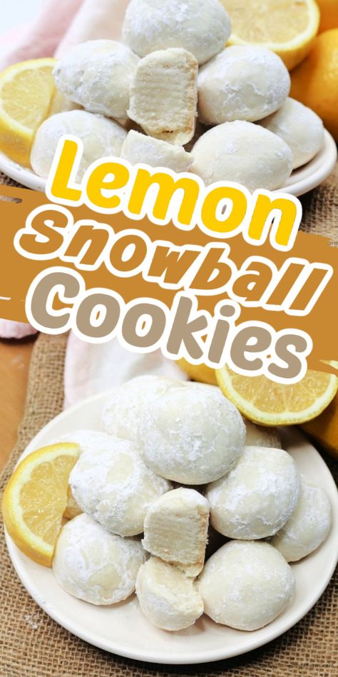 Winter Lemon Desserts, Snow Ball Cookies Recipes, Ball Cookies Recipes, Lemon Snowballs, Lemon Bites Recipe, Lemon Christmas Cookies, Speciality Cookies, Snow Ball Cookies, Lemon Snowball Cookies