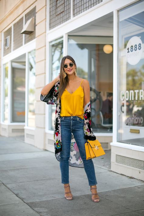 Sharing the must-have top that I can't have too many colors of... and it's under $60! You can wear this cami all year-round depending on how you style it. Yellow Top Outfit, Mustard Outfits, Bright Colored Outfits, Cami Outfit, Silk Cami Top, Color Outfits, Silk Outfit, Silk Camisole, Yellow Top