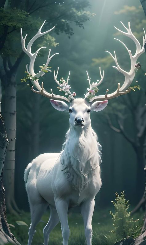 Mythical Deer, Winter Mural, Simple Cute Hairstyles, Deer God, Animals And Flowers, Mythical Creatures Fantasy, Mystical Animals, Nature Spirits, Cute Fantasy Creatures