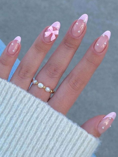 Nail Ideas Glitter French Tip, Short Acrylic Nails Simple Classy, Pink Acrylic Nail Designs Almond, Danish Pastel Nail Ideas, Summer Pearl Nails, Nails With Flowers Simple, Cute Nails Acrylic Summer 2024, Pink Nails Ideas Almond, Cute Almond Nails Pink