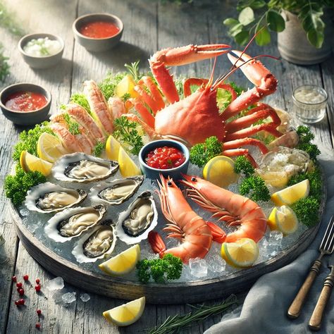 For an impressive seafood platter, arrange a variety of shellfish like shrimp, oysters, and crab legs on a bed of ice. Serve with lemon wedges, cocktail sauce, and a light vinaigrette. This platter is perfect for special occasions or gatherings. 📸 Show us your seafood platter presentation! Seafood Platter Presentation, Seafood On Ice, Platter Presentation, Seafood Platter, Cocktail Sauce, Crab Legs, Lemon Wedge, Food Platters, Show Us