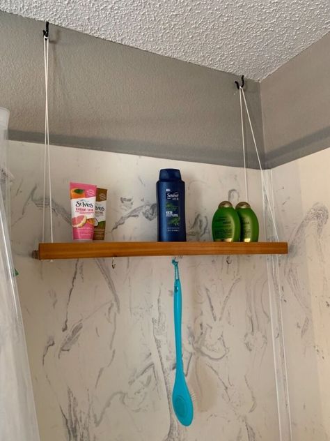 Stand Up Shower Shelf Ideas, Cute Shower Storage, Tiny Shower Storage, Shower Shelves Ideas Wood, Wood Shower Shelves, Diy Shower Shelves Ideas, Shower Stall Organization Ideas, Over Shower Storage, Shower Space Ideas