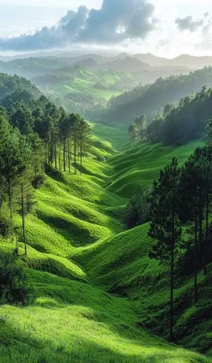 ↑↑↑ Larger size on website 🔸 A lush green valley with rolling hills and a thick forest of trees on the slopes. The valley is bath Green Hills Aesthetic, Thick Forest, Countryside Cottage, Green Hills, Green Valley, Long Shadow, White Clouds, Rolling Hills, Lush Green