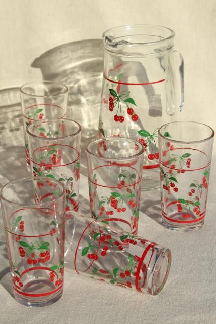 red cherry print glass pitcher & drinking glasses, vintage glassware set made in Italy Retro Drinking Glasses, Vintage Glassware Aesthetic, Painted Drinking Glasses, Funky Glassware, Accent Walls In Bedroom, Aesthetic Glassware, Thrifted Glassware, Walls In Bedroom, Vintage Glasswear