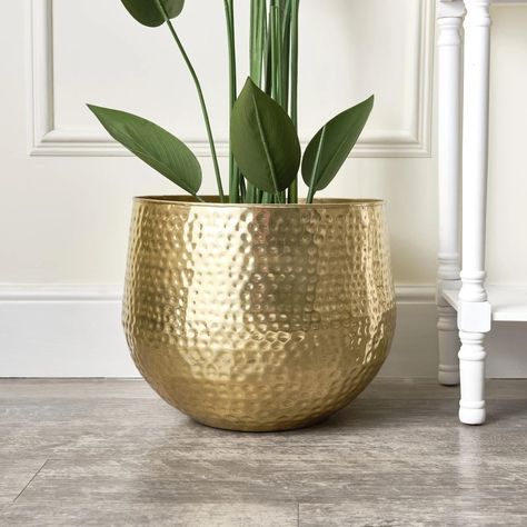 Art Deco Plant, Modern Contemporary Home Decor, Gold Planter, Modern Contemporary Home, Brass Planter, Metal Planters, Tall Plants, Hammered Metal, Large Planters