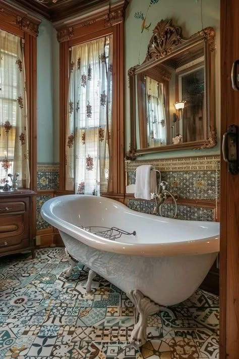 Victorian Homes Interior Bathroom, Old Colorado City, Victorian Rooms, Victorian Style Bathroom, Dark Academia Room Decor, Victorian Era Homes, Victorian Colors, Old House Interior, Black White Bathrooms