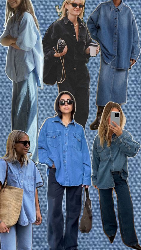 Denim tuxedo outfits How To Style Oversized Denim Shirt, Oversized Jean Shirt Outfits, Button Down Casual Outfit, Texas Street Style, Denim Shirt And Jeans Outfit, Denim Button Down Shirt Outfit, Jean Button Up Shirt Outfit, Jean On Jean Outfit, Denim Button Up Shirt Outfit