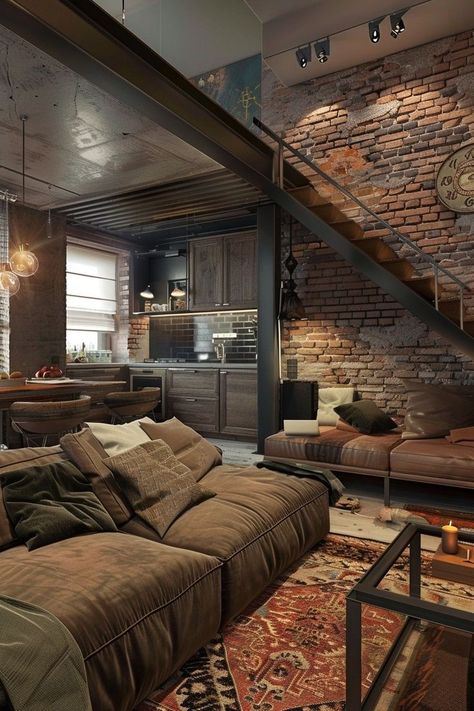 "Elevate your space with Urban Apartment Decor! 🏙️✨ Embrace sleek, modern designs and bold accents to create a stylish city sanctuary. Incorporate industrial elements, contemporary furniture, and artistic touches to reflect the vibrant urban vibe. Transform your apartment into a chic, functional retreat that captures the essence of city living! 🌟🛋️ #UrbanApartmentDecor #CityLiving #ModernDesign" Industrial Modern Aesthetic, Railway House Interior Design, Industrial Eclectic Interior Design, Loft Style Apartments Decor, Industrial Interior Design Apartment, Brick Apartment Aesthetic, Nyc Apartment Living Room, Industrial Studio Apartment, Industrial Airbnb