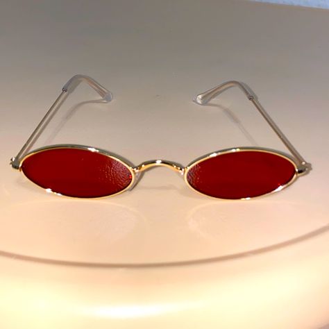 Red Lense Sunglasses, Little Sunglasses, Glasses Inspo, Glasses Frames Trendy, Vampire Masquerade, Small Sunglasses, Funky Glasses, Mushroom Jewelry, Small Glasses