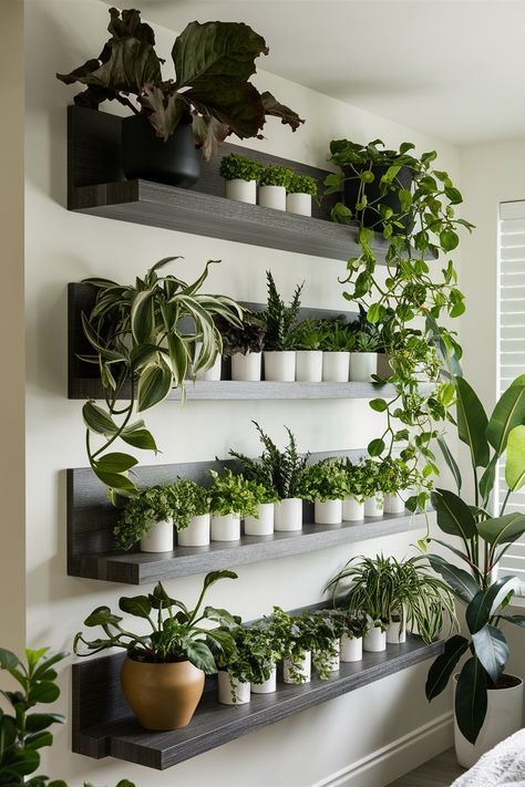 Indoor Plant Display, Wall Hanging Decorations, Indoor Plant Wall, Corner Plant, Plants Wall, Hanging Plant Wall, Living Room Plants, Floating Plants, Bedroom Plants