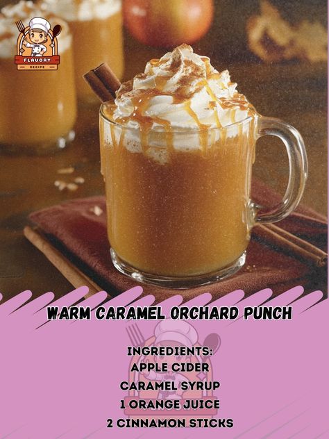 🍂✨ Get cozy with this Warm Caramel Orchard Punch - a delightful fall treat bursting with flavor! 🍎🍁 Warm Caramel Orchard Punch Ingredients: - 6 cups apple cider - 1 cup caramel syrup - 1/2 cup orange juice - 2 cinnamon sticks - 1/2 tsp ground nutmeg - Whipped cream and caramel drizzle for topping Instructions: 1. In a saucepan, combine apple cider, caramel syrup, orange juice, cinnamon sticks, and nutmeg. 2. Heat over medium heat until hot but not boiling, stirring occasionally. 3. Remove ... Caramel Apple Cider Recipe, Cider Caramel, Apple Cider Caramel, Caramel Apple Cider, Apple Cider Recipe, Fall Cocktails Recipes, Apple Cider Caramels, Caramel Drizzle, Cider Recipe