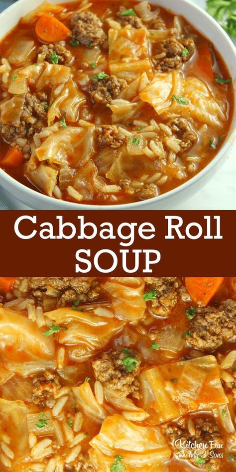 Soups Using Beef Broth, Cabbage And Pork Soup, Pork And Cabbage Soup, Cabbage Roll Soup Recipe, Cabbage Roll Soup, Favorite Soups, Cabbage Roll, Potatoes Recipes, Delicious Soup Recipes