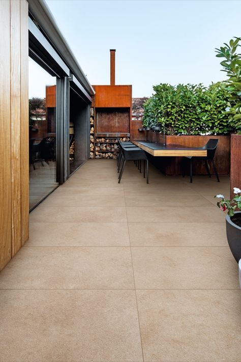 Design a serene corner on your terrace with stone-effect porcelain tiles that are both safe and low-maintenance. Discover Realstone Jerusalem XT20 collection on our website and be inspired Terrace Flooring Ideas, Terrace Tiles Outdoor, Tiled Balcony, Big Balcony Ideas, Penthouse Ideas, Terrace Tiles, Balcony Tiles, Terrace Floor, Interior Ceiling