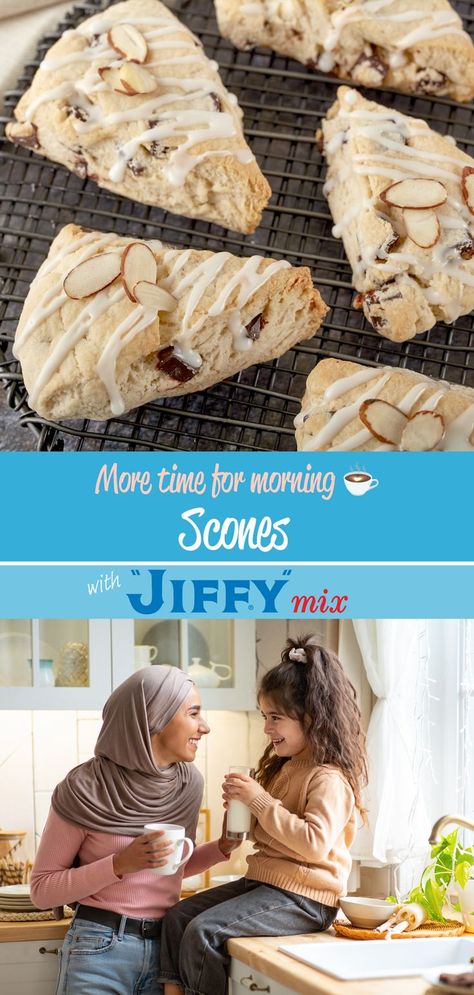 Start your morning off right with a hot cup of coffee and a delicious Scone, made in 4 easy steps. “JIFFY” Baking Mix leaves more time for morning coffee. ☕ Jiffy Baking Mix Scones, Biscuit Mix Scones, Jiffy All Purpose Baking Mix Recipes, Jiffy Biscuit Mix Recipes, Jiffy Baking Mix Recipes, Bisquick Scones, Scones Raspberry, Almond Scones Recipe, Herb Biscuits Recipe