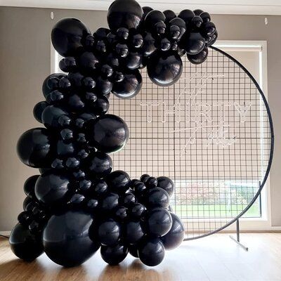 All Black 30th Birthday Party Ideas, Matte Black Balloon Garland, Black Wedding Balloons, All Black Decorations Party, Black Balloons Aesthetic, All Black Themed Birthday Party, Black Decorations Party, All Black Party Decorations, Black Baby Shower Ideas